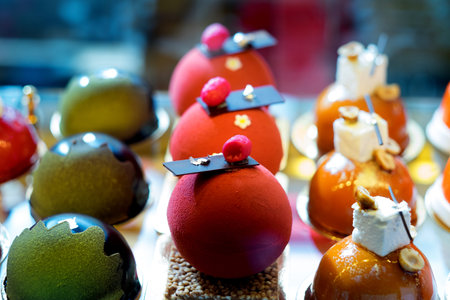 Cake and pastry in window display canteen food dessert tastyの写真素材