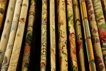 Rolls of fabric and textiles in store, close upの写真素材