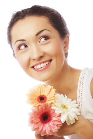 young asian woman with bouquet flowersの写真素材