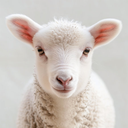 A small, beautiful baby sheep over light gray background. Little lamb. Close up portrait.の写真素材