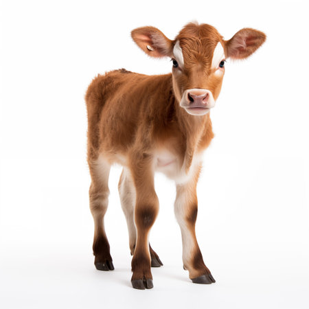 Front view of little brown calf isolated on white background. Full body length. Innocence and...