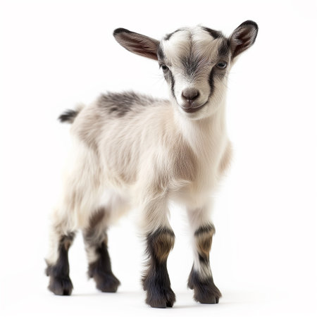 Cute black and white baby goat, standing facing front. Looking straight to camera showing both eyes. Isolated on a white background.の写真素材