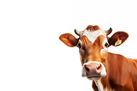 face of cow isolated on white, brown and white gentle surprised look, in front of a white color backgroundの写真素材