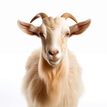 Goat isolated on white background closeup. Front view. Close up.の写真素材