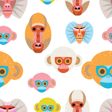 Cute seamless pattern with colorful cartoon monkeys on white background.のイラスト素材