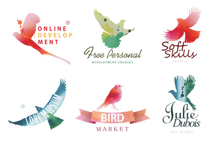 Watercolor icon templates. Colorful birds silhouettes in watercolor technique.のイラスト素材