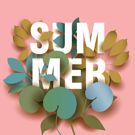 Summer Card with elements of plants on pink background. Beautiful Design for Poster, Bannerのイラスト素材