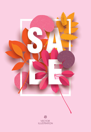 Sale card with different elements of plants in shades of red. Design for Sale Poster, Bannerのイラスト素材
