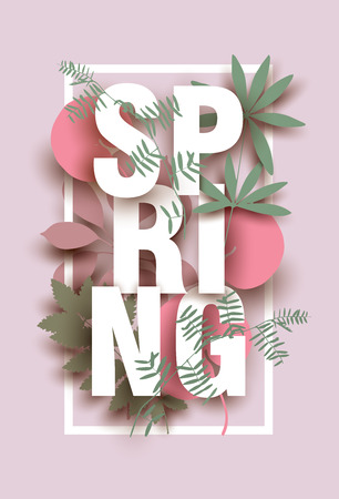 Spring card with different floral elements on pink background. Colorful illustration for your banner, posterのイラスト素材
