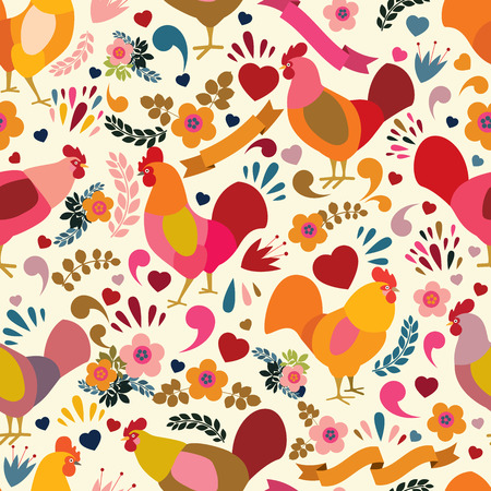 Roosters with floral elements. Vecrtor seamless pattern. Symbol of 2017 for packing, poster, card, invitation, brochure, flyer, label.のイラスト素材