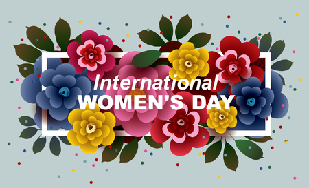 March 8. Happy Women's Day card with colorful bouquet of flowers in the frame. Vector greeting card template.のイラスト素材
