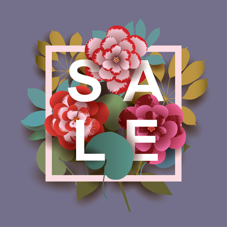 Summer Sale card with different floral elements. Design for Poster, Banner, Flyer. Vector illustration.のイラスト素材