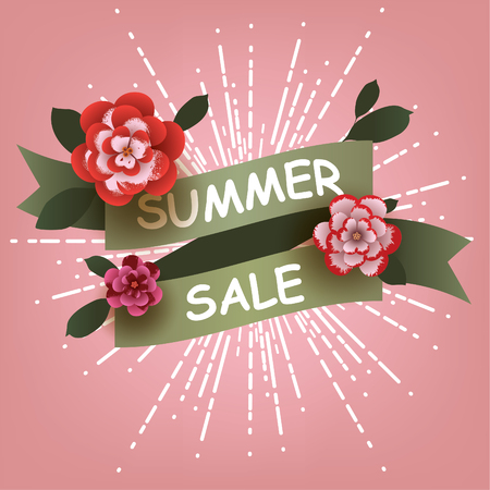 Summer Sale card with flowers elements. Design for Poster, Banner, Flyer. Vector illustration.のイラスト素材