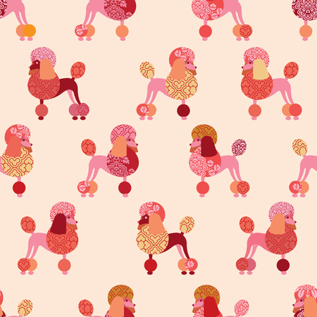 Seamless pattern with poodles for wallpaper, wrapping paper or fabric. Pink shades.のイラスト素材