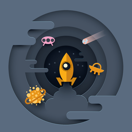 The rocket soars into space. Vector illustration. Paper cut styleのイラスト素材