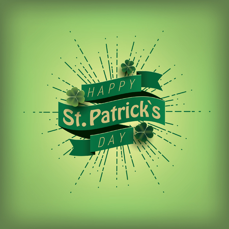 St. patrick's day card. Green ribbon with text, clover and sunburst. Vector illustrationのイラスト素材