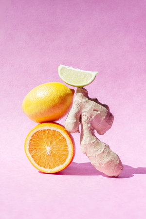 Still life with Ginger, Orange and Lime. Antioxidant Food.