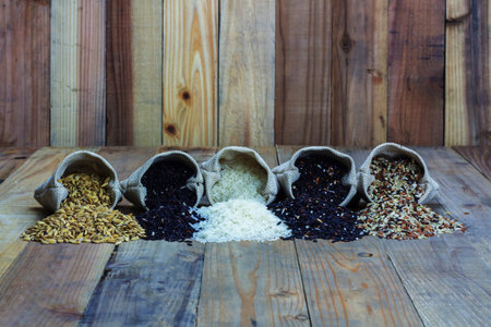 Drifferent kinds of rice in small burlap bagsの写真素材