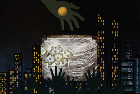 Many hands taking euro and dollar money in a dark city background.