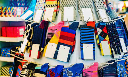 Colorful socks with white labels. Close view.