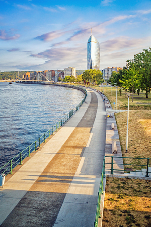 Pedestrian path along Meuse river in Liege, Wallonia, Belgium.の写真素材