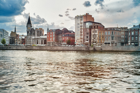 View of Meuse rivers quay. Liege, Belgium.の写真素材