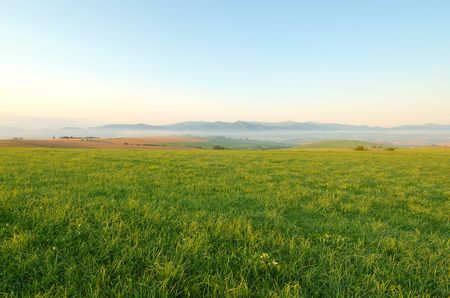 meadow in morning with mountains in backgroundの写真素材