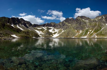 Mountain lake with clear pure water and under surface view in sunny summer day with some cloudsの写真素材