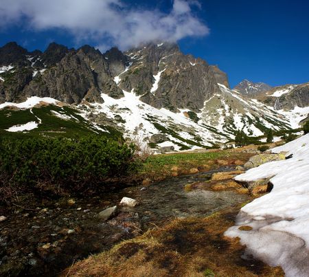 Moutains river in spring with a waterfall in backgroundの写真素材