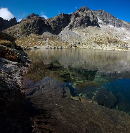 Detail of mountain lake with view under surface in summer sunny dayの写真素材