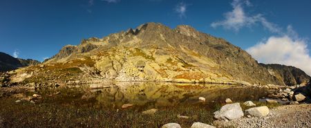 Scenery of a mountain lake mirroring a peak in evening lightの写真素材
