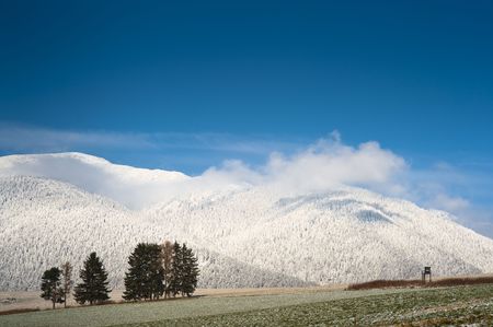 simple field mountains blue sky horizon in sunny day with some cloudsの写真素材