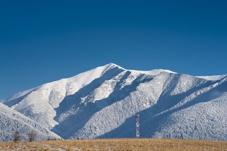 GSM tower on a field with white mountains in background, sunny dayの写真素材