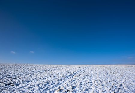 white snow on field and blue sky in sunny day horizonの写真素材