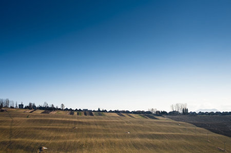 electric poles on filds in sunny day with village in horizon