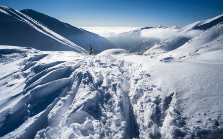 Mountains winter scenery in white and blueの写真素材