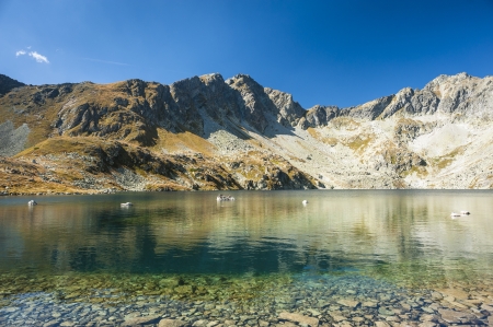 A mountain lake with pure water in sunny dayの写真素材