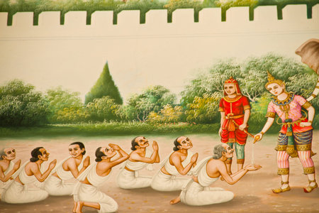 Thai stye painting on temple wall about Vessantara allegory, Buddha s biography at province one of...