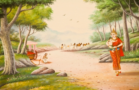 Thai stye painting on temple wall about Vessantara allegory, Buddha s biography at province one of Thailand  のeditorial素材