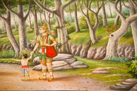 Thai stye painting on temple wall about Vessantara allegory, Buddha s biography at province one of Thailand  のeditorial素材