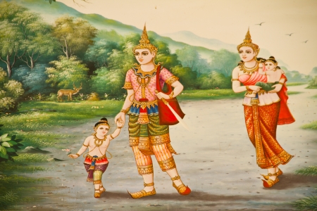 Thai stye painting on temple wall about Vessantara allegory, Buddha s biography at province one of Thailand のeditorial素材