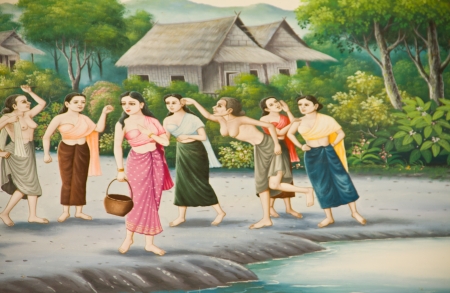 Thai stye painting on temple wall about Vessantara allegory, Buddha s biography at province one of Thailand のeditorial素材