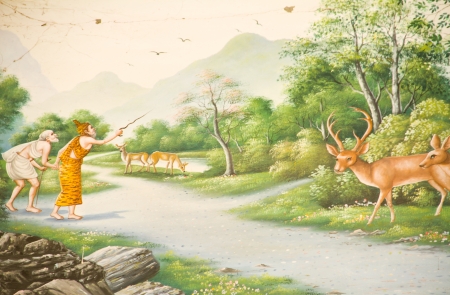 Thai stye painting on temple wall about Vessantara allegory, Buddha s biography at province one of Thailand のeditorial素材