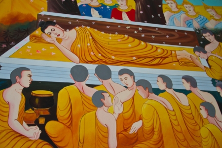 Traditional Thai mural painting the Life of Buddha  Instructing the assembly of Arahants  on temple at Wat Nongsanom on May 13, 2013 in Ubonratchathani, Thailand のeditorial素材