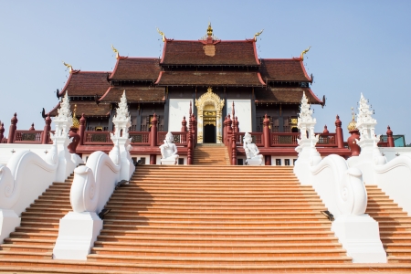 Traditional thai architecture in the Lanna style , Royal Pavilion  Ho Kum Luang  at Royal Flora Expo, Chiang Mai, Thailandのeditorial素材