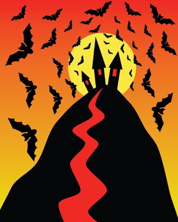 Halloween illustration with sunset, bats, hill, houses のイラスト素材