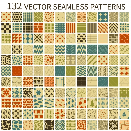 Set of retro vector geometric, polka dot, floral, decorative patterns のイラスト素材