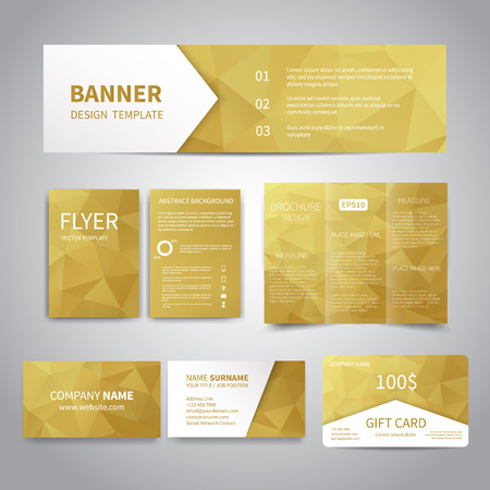Banner, flyers, brochure, business cards, gift card design templates set with geometric triangular gold background. Corporate Identity set, Advertising, Christmas party promotion printingのイラスト素材