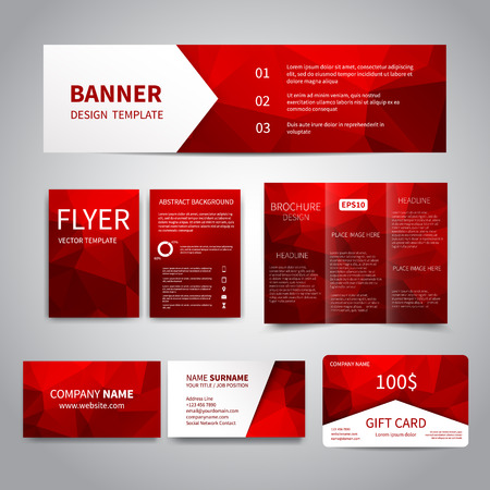 Banner, flyers, brochure, business cards, gift card design templates set with geometric triangular red background. Corporate Identity set, Advertising, Christmas party promotion printingのイラスト素材