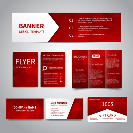 Banner, flyers, brochure, business cards, gift card design templates set with geometric triangular red background. Corporate Identity set, Advertising, Christmas party invitation promotion printing